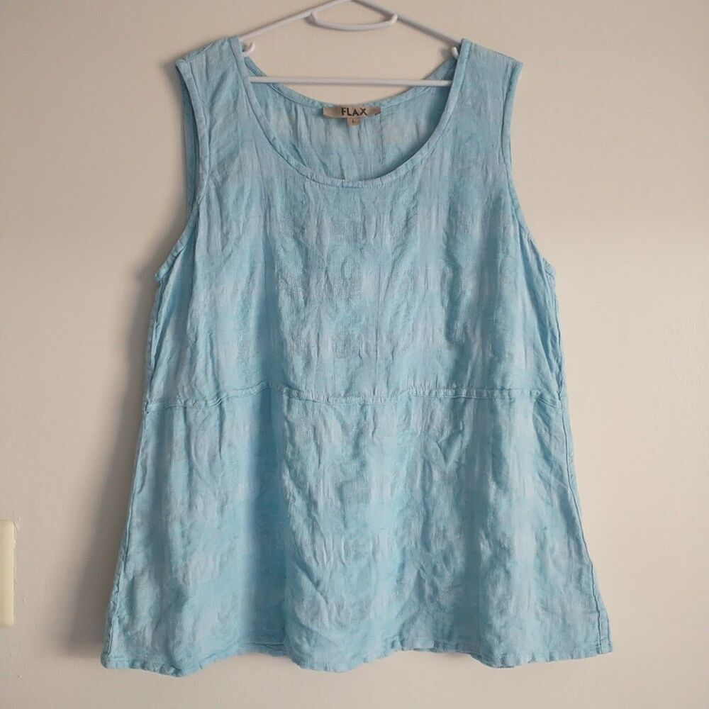 Flax Tank Top Womens L Blue Cyan Check 100% Linen Casual